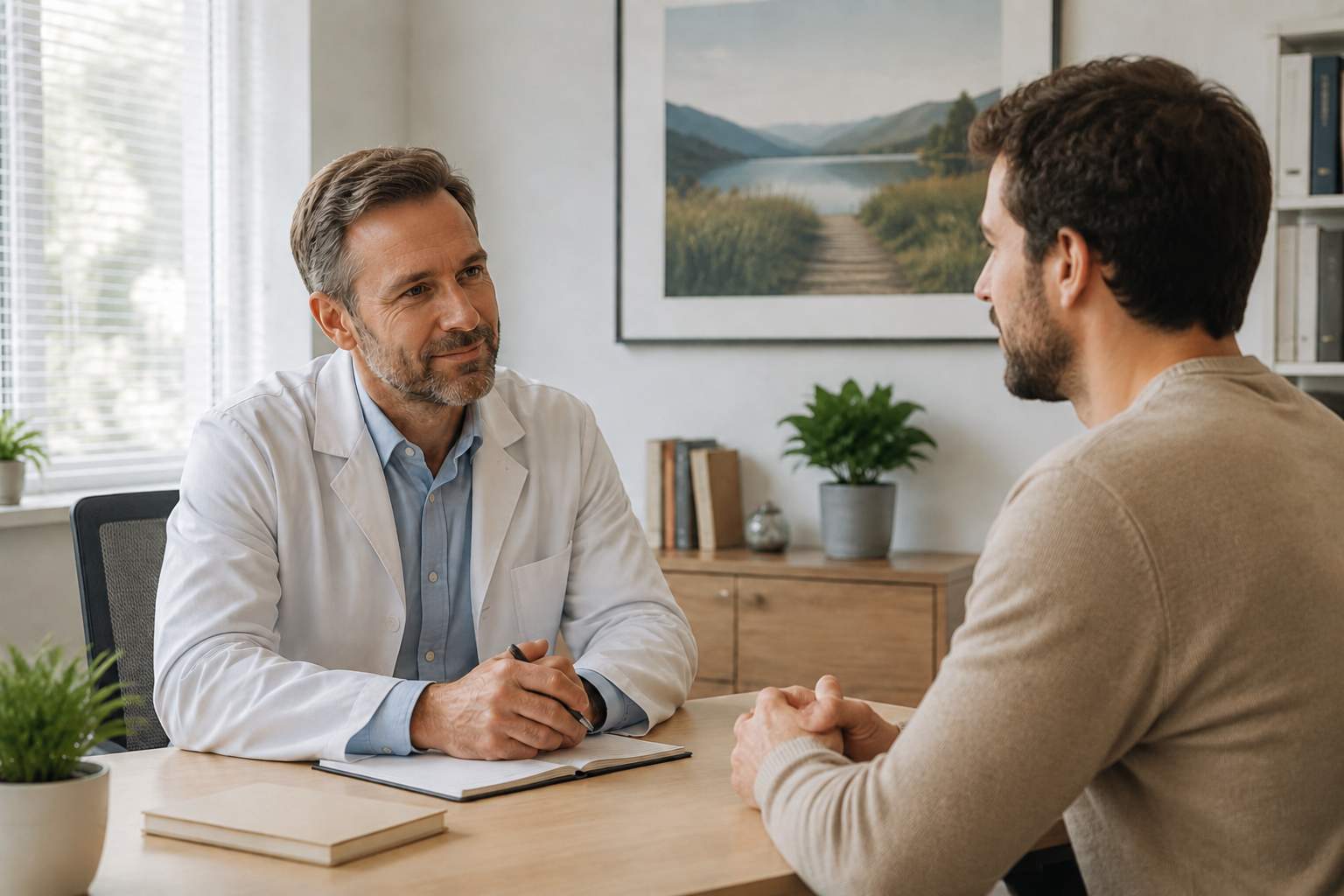 Лечение от метамфетамина терапевт ведет беседу с пациентом.